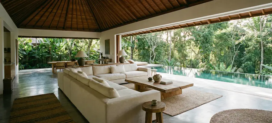 Luxury tropical modern living room showcasing unique interior design services in Bali with open-air architecture