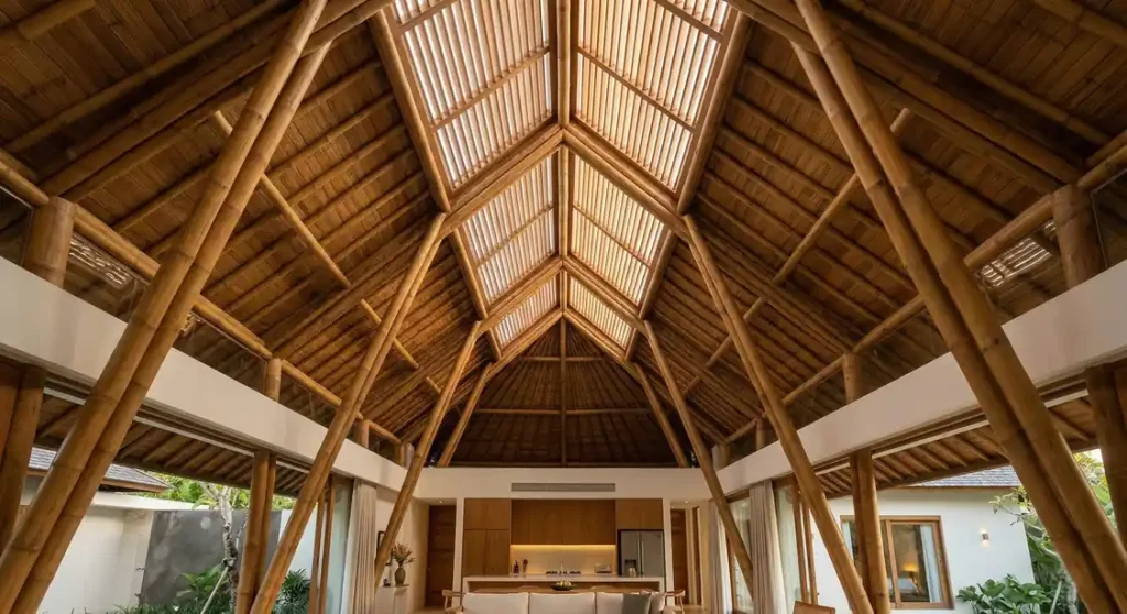 Interior view of a luxury Bali villa's sustainable bamboo vaulted ceiling with open automated louvers for natural stack effect cooling and soft daylight.