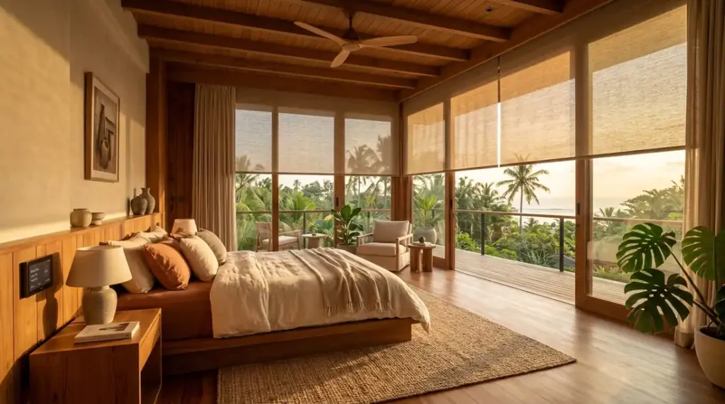 Automated solar blinds lowering over large windows in a sustainable Bali villa to reduce heat gain