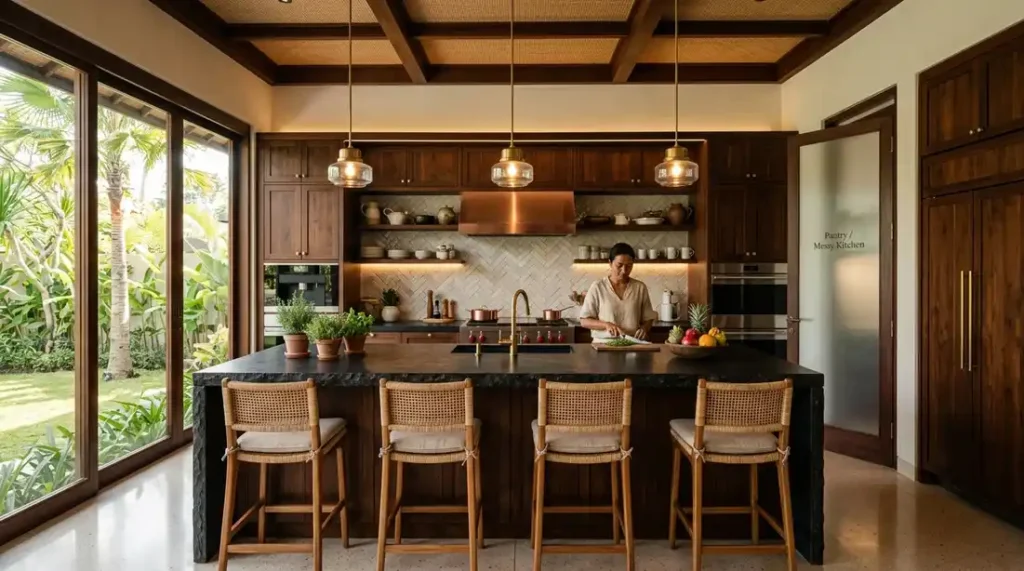 Functional and durable luxury dual kitchen design for a residential home in Bali