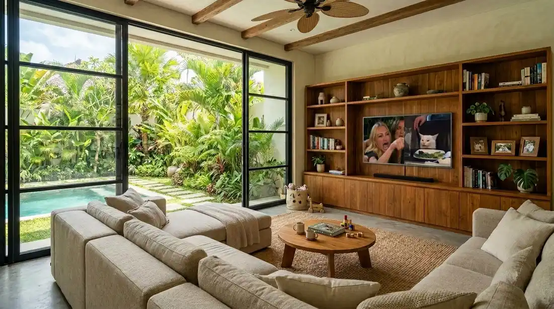 Luxury family home interior design in Bali featuring enclosed climate-controlled living space