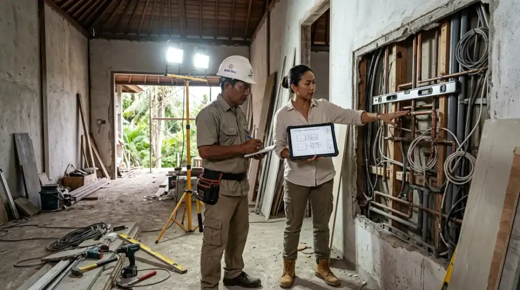 Interior designer and contractor reviewing MEP infrastructure during a Bali villa renovation budget assessment