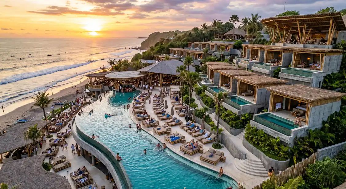 Massive luxury beach club design in Bali featuring tiered VIP cabanas and an infinity pool
