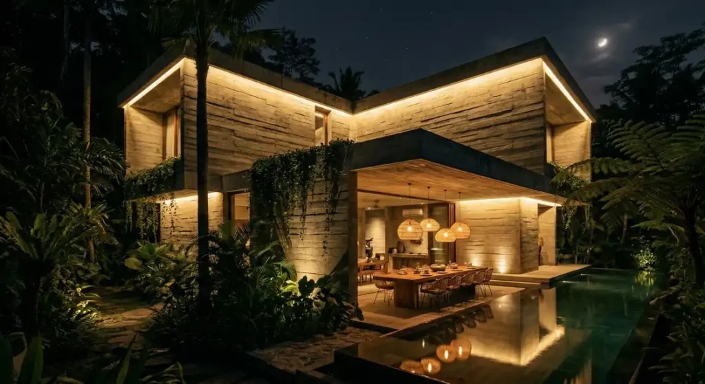Warm architectural lighting strategy for a tropical brutalism concrete villa at night