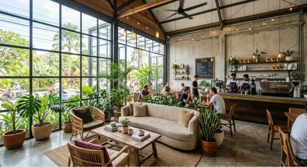 Efficient operational zoning and layout for a busy Bali cafe interior