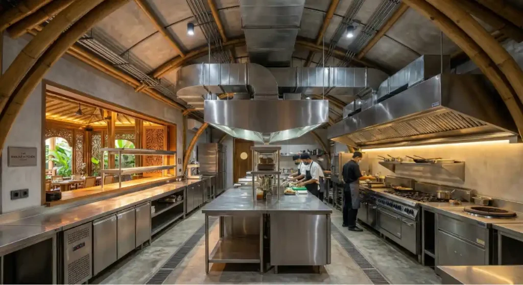 Efficient commercial kitchen BOH design in Bali showing integrated MEP and ventilation