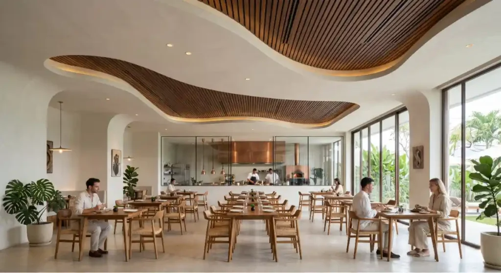 Seamlessly integrated HVAC and ventilation systems in a modern Bali restaurant interior