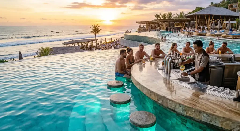 High-end commercial pool design with an ergonomic swim-up bar in a Bali beach club