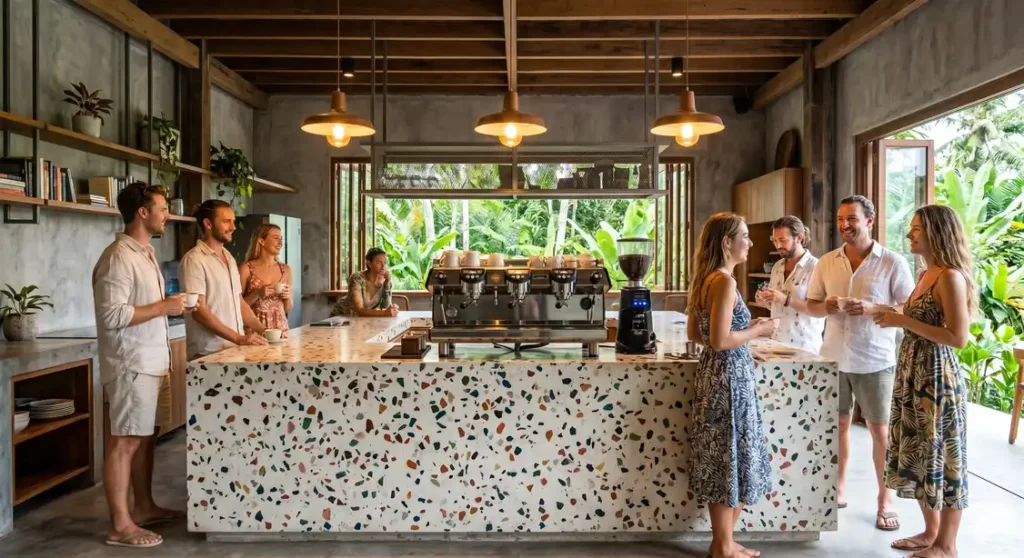 Communal kitchen island in a coworking space designed to encourage networking