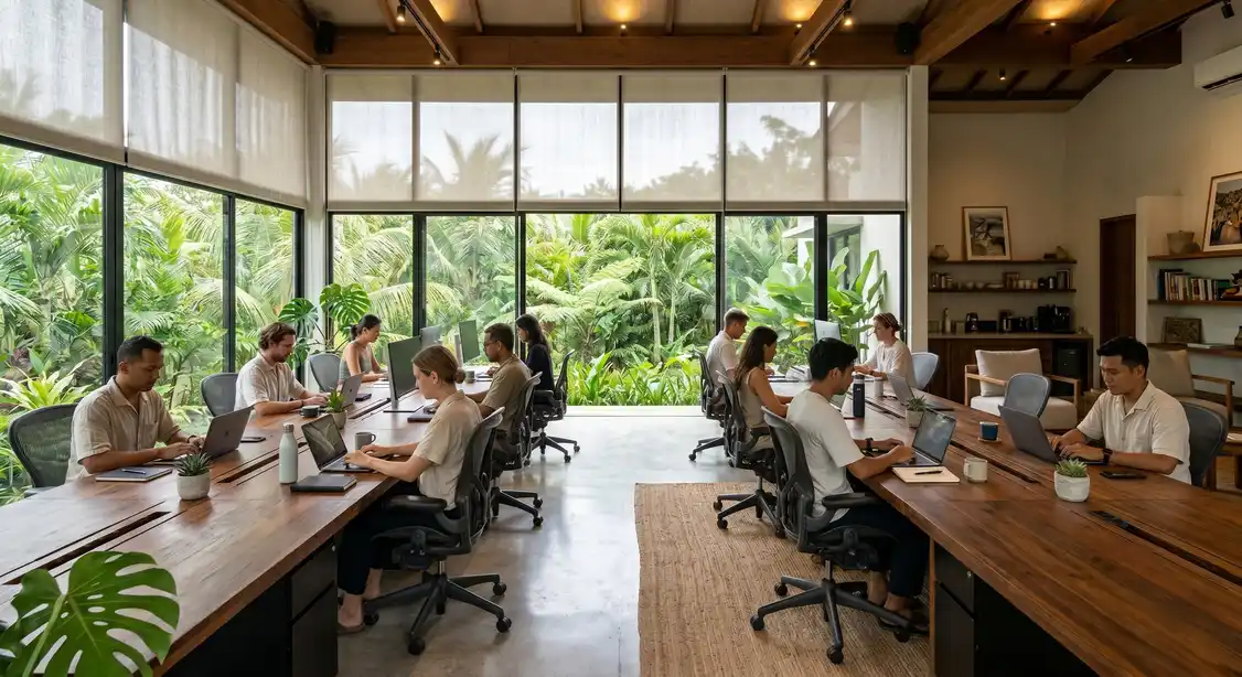 Modern tropical coworking space design in Bali with ergonomic desks and natural light