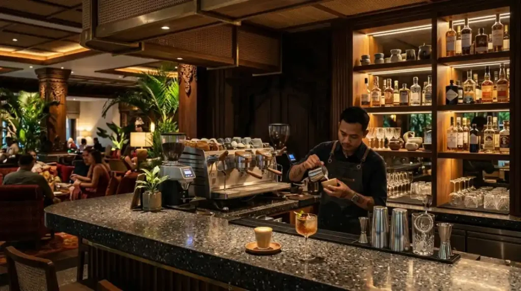 Premium espresso and cocktail bar integrated into a Bali boutique hotel lobby