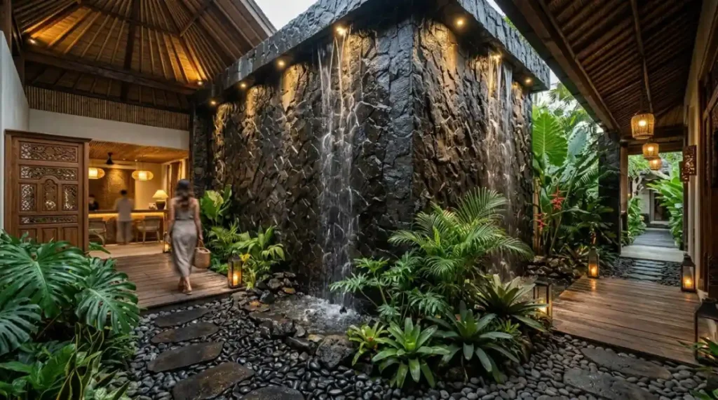 Indoor cascading water feature creating acoustic baffling in a luxury Bali hotel lobby