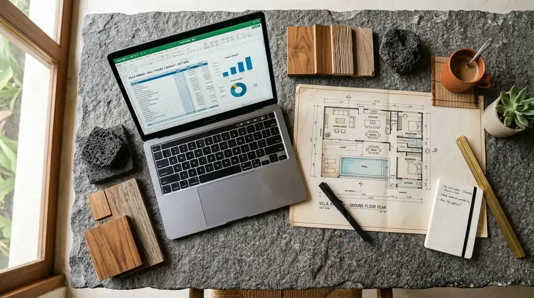 Interior design budget planning session for a Bali luxury villa project with material samples and financial documents