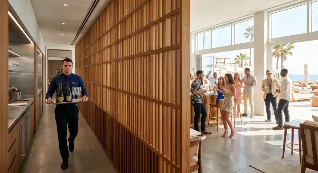 Efficient Back of House service corridor hidden from guests in a luxury commercial venue