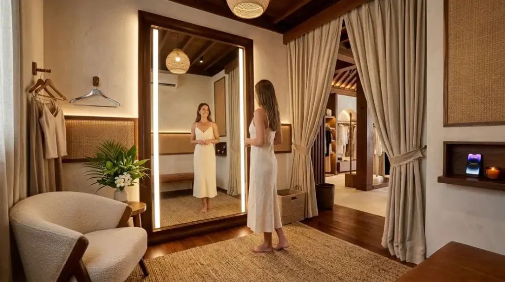 Luxury fitting room design with flattering front-lit mirrors in a Bali boutique