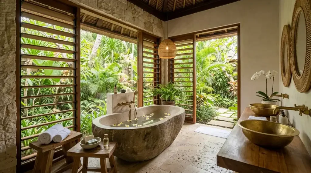 Luxury master bathroom in a Bali villa showcasing high-end natural stone and brass fixtures worth the investment