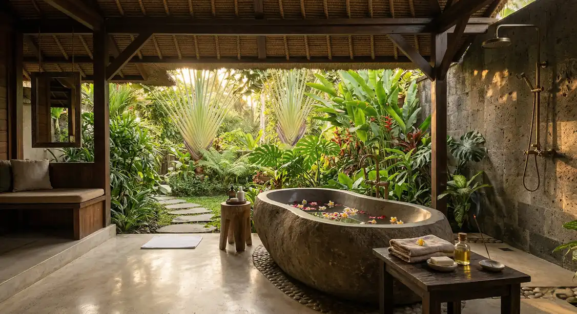 luxury tropical bathroom design bali stone tub