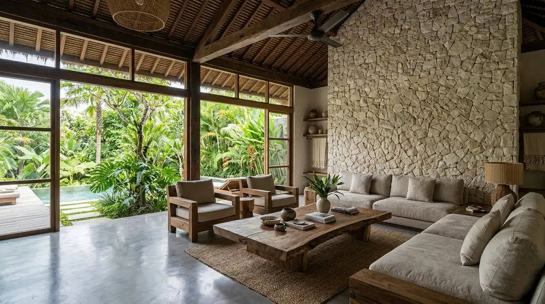Net zero villa interior in Bali using high thermal mass materials like stone and microcement for natural cooling