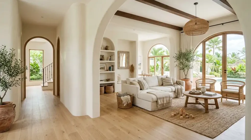 Modern Mediterranean style family home interior in Bali with curved walls and warm tones