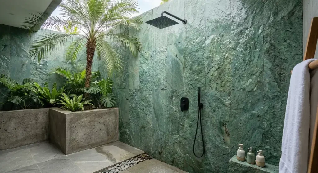 Outdoor rain shower with natural green Batu Sukabumi stone and indoor tropical plants