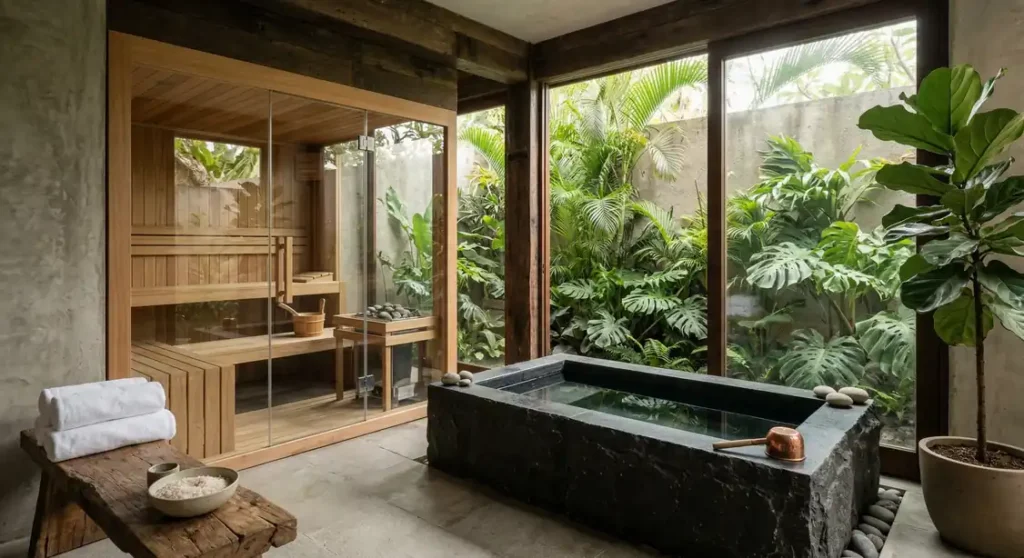 Private wellness retreat in a Bali villa bathroom featuring a custom dry sauna and cold plunge pool