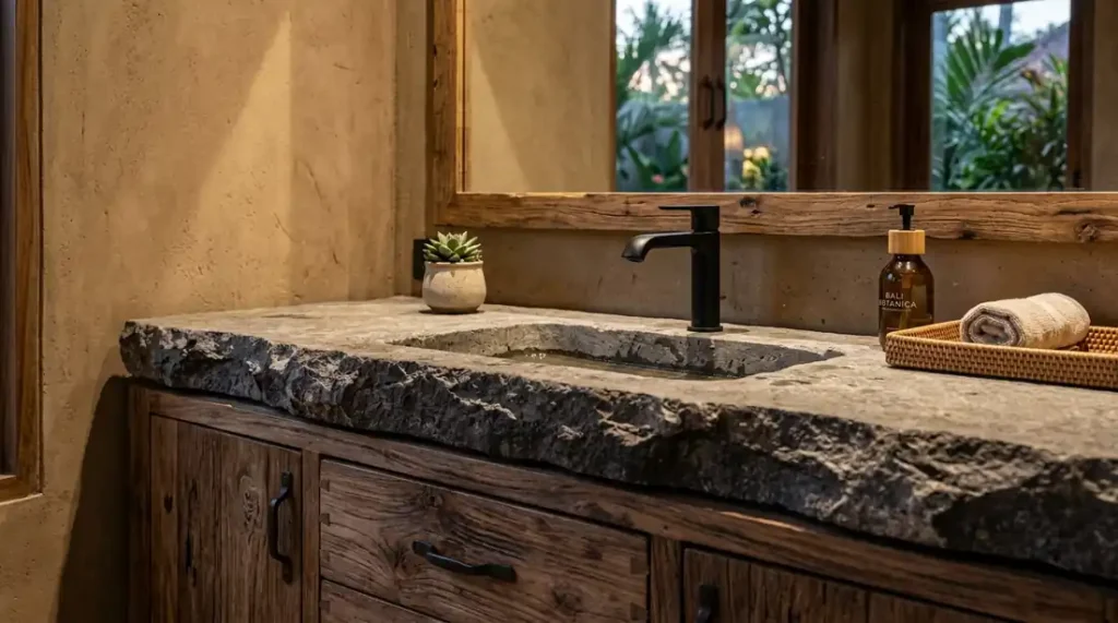 Luxury sustainable interior utilizing locally sourced reclaimed teak and natural Balinese stone