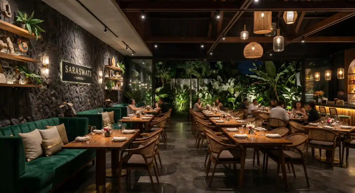 Strategic restaurant interior design layout in Bali showing seating zones and lighting