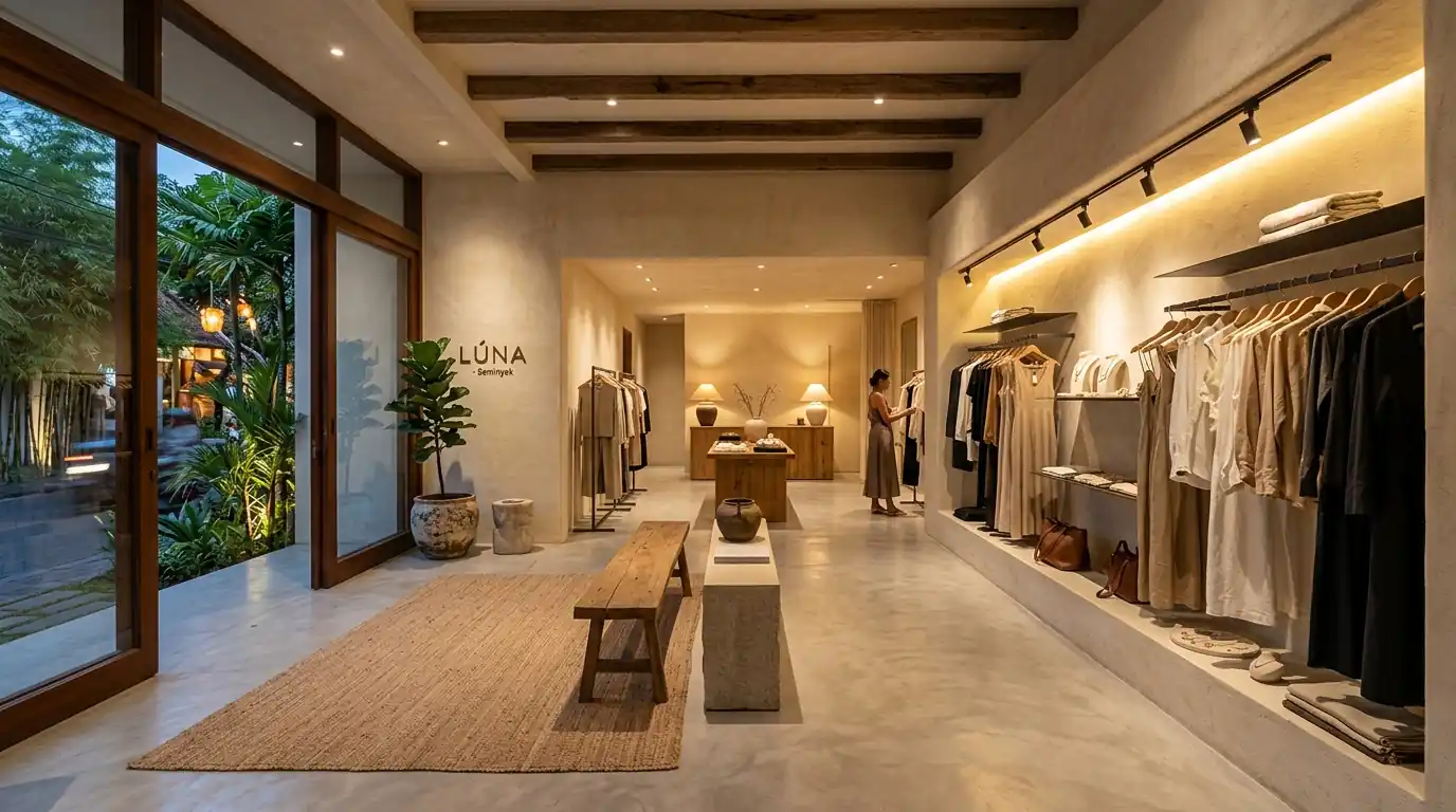 High-end retail interior design in Bali showing strategic boutique layout and lighting