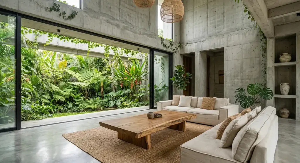 Softening a tropical brutalism concrete interior in Bali with teak wood and linen furniture