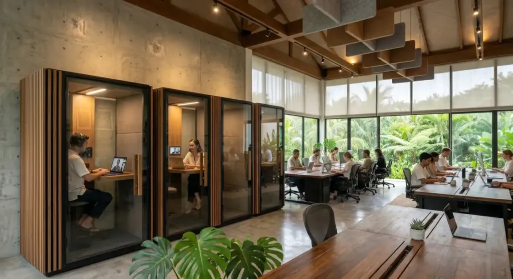 Soundproof acoustic phone pods integrated into a Bali coworking space interior