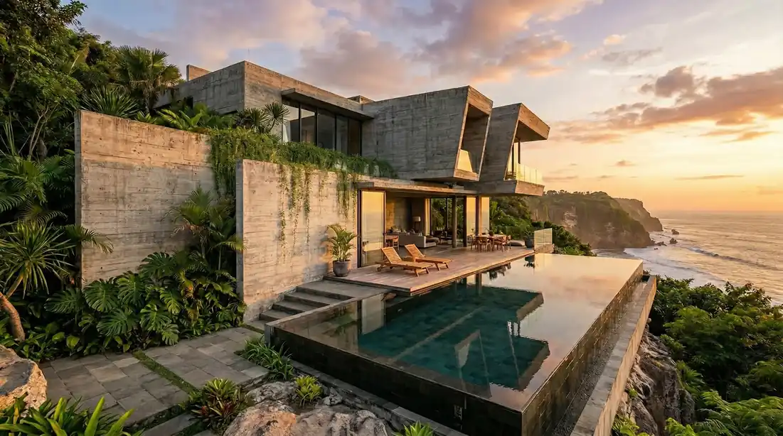 Luxury tropical brutalism design in a Bali villa featuring board-formed concrete and jungle foliage