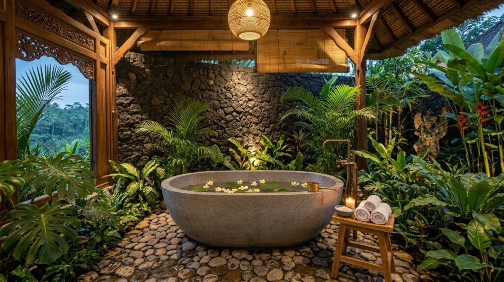Tropical Bali style bathroom design featuring a terrazzo bathtub and natural stone walls