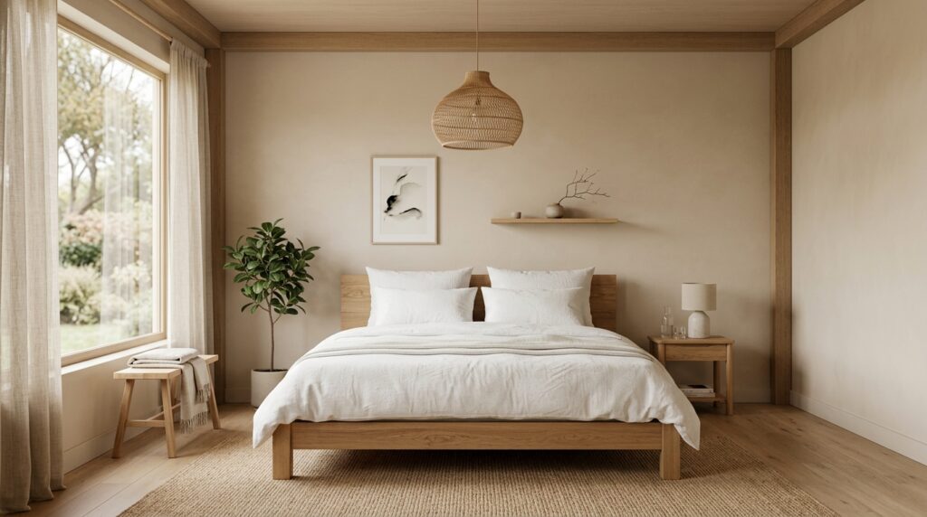 Japandi minimalist interior design in a Bali home featuring low profile wood furniture
