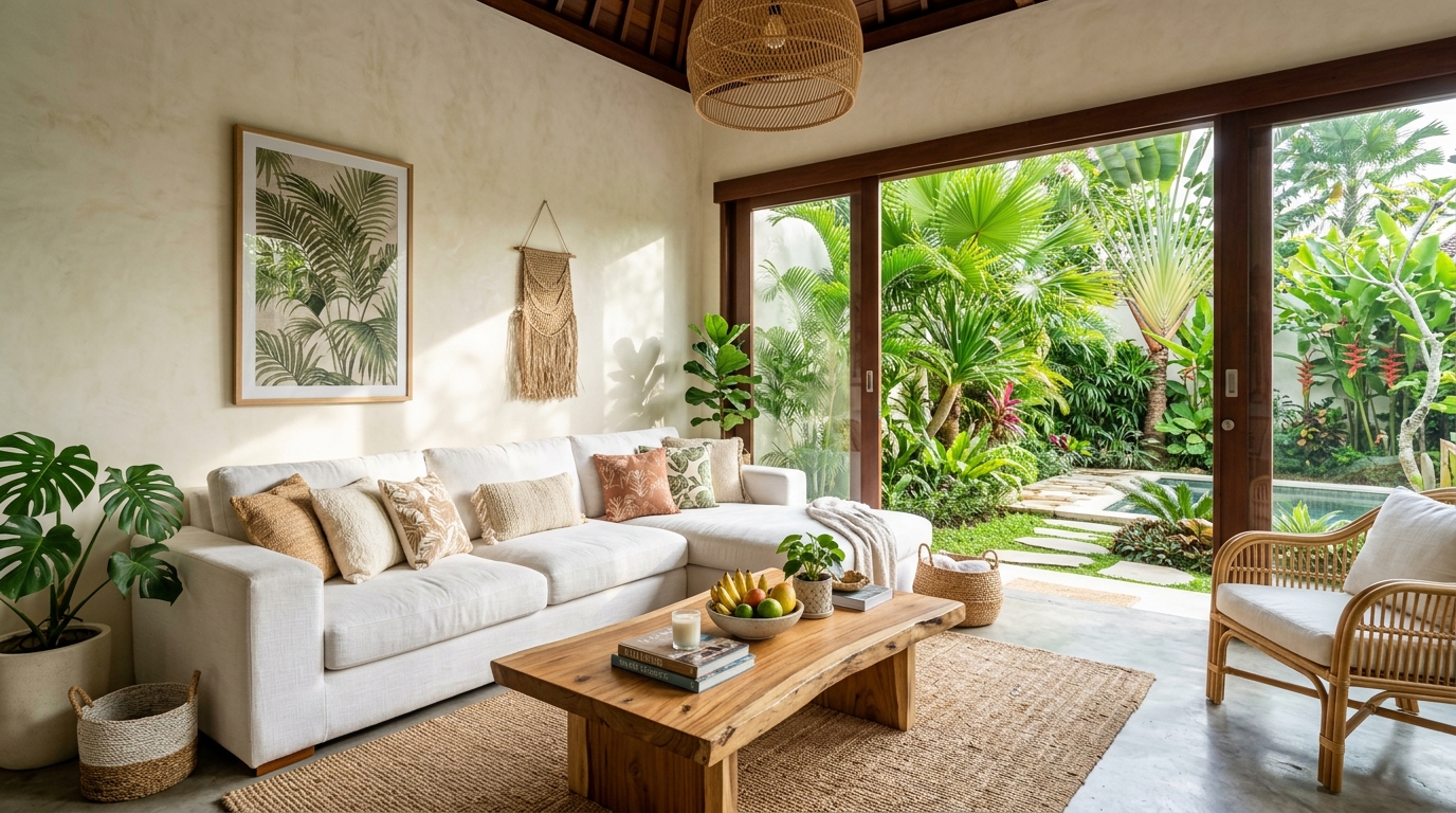 Warm tropical living room featuring Bali home interior design ideas with teak wood and linen