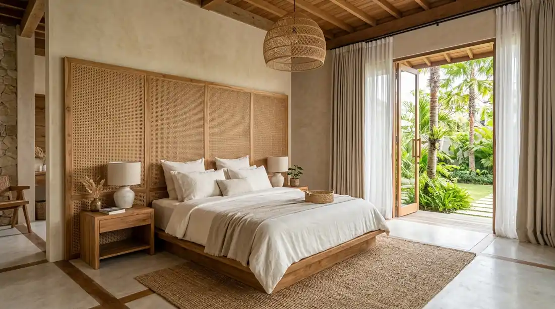 Calm tropical Bali bedroom design with custom teak frame