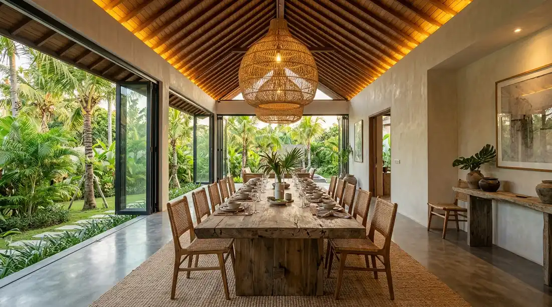 Bali dining room design ideas featuring a monumental reclaimed teak table, rattan chandelier, and semi-outdoor bi-fold door layout