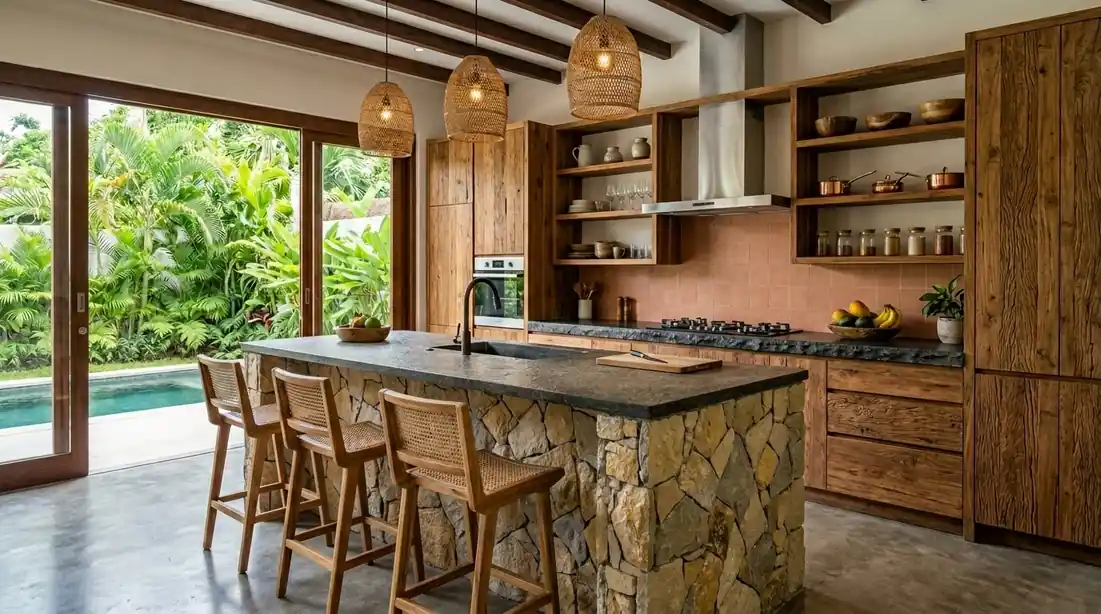 A monumental hand-chiseled river stone island in a tropical Bali kitchen design, featuring bespoke reclaimed teak wood cabinets.