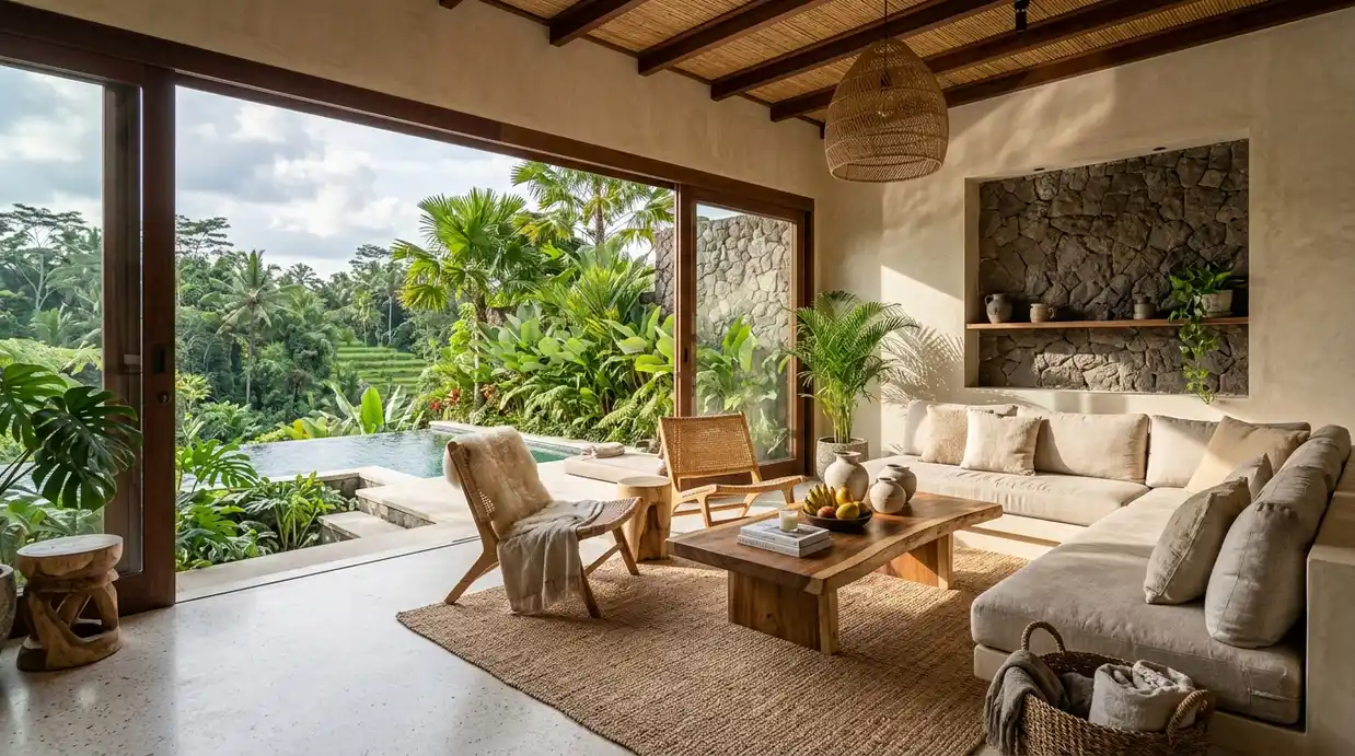Luxury Bali living room ideas featuring natural materials and open plan layout