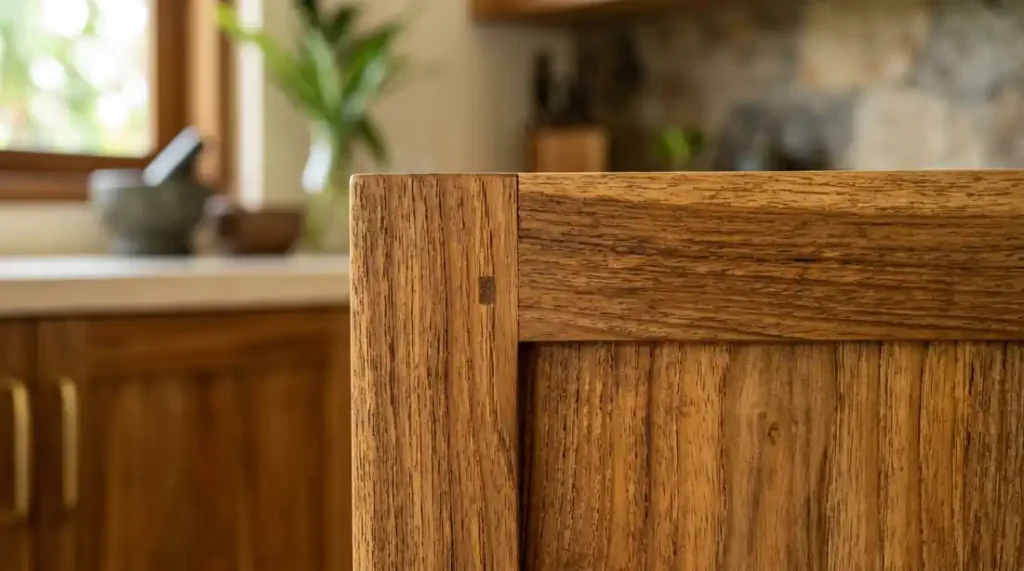 Close-up of custom reclaimed teak wood kitchen cabinets