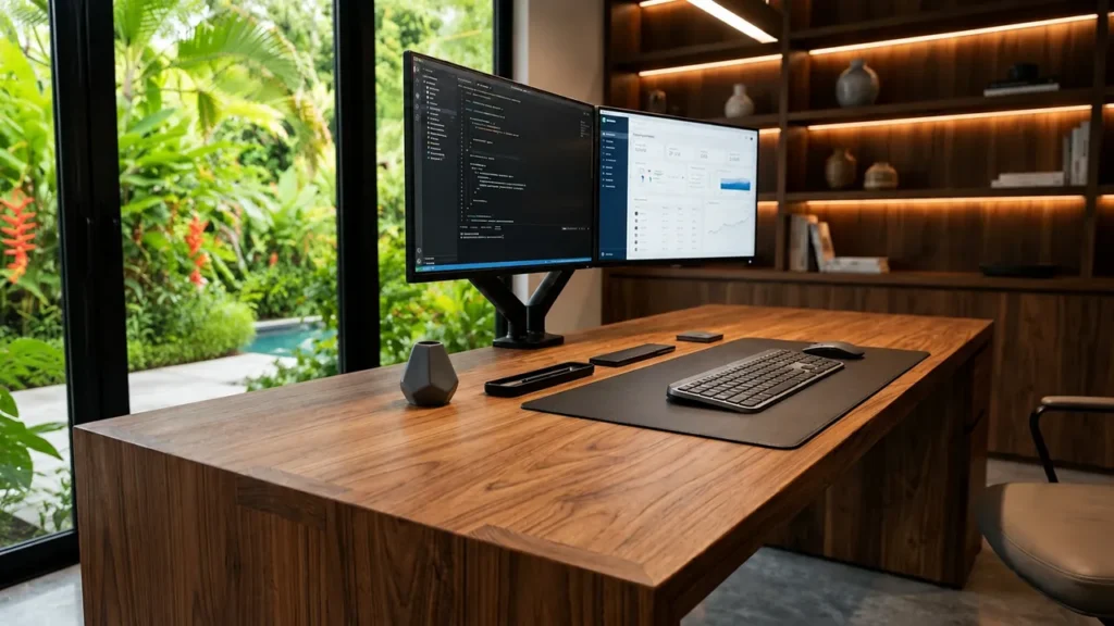 ergonomic custom teak desk for remote tropical workspace
