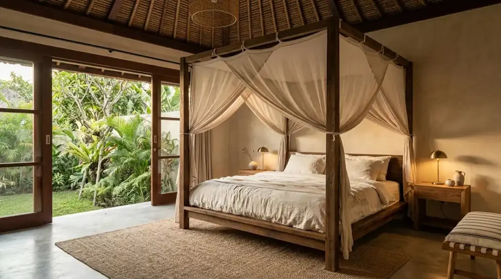 Custom reclaimed teak four-poster bed frame in a Bali