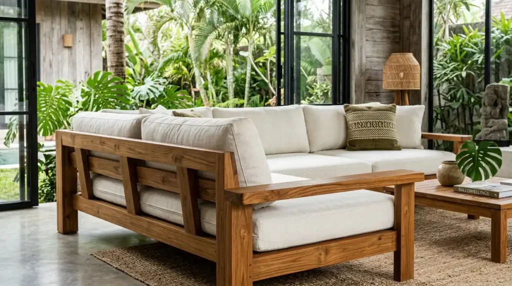 Custom modular sofa with solid teak wood frame for a tropical Bali living room
