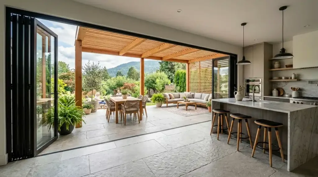 Luxury Bali kitchen design featuring open bi-fold glass doors that open to outdoors.
