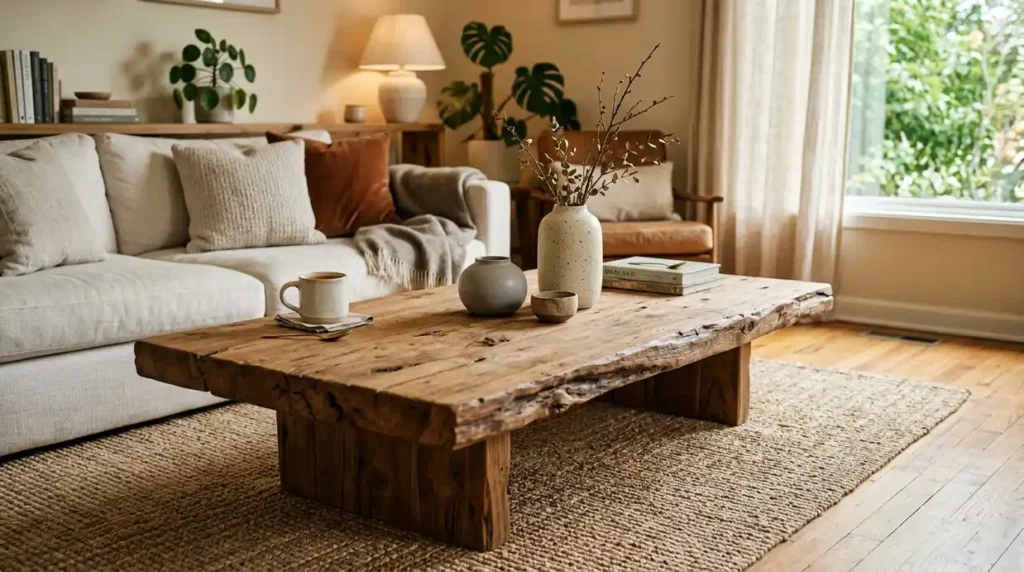 Raw edge reclaimed teak wood coffee table in a Bali inspired living room