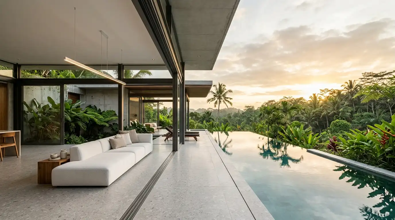 Modern Airbnb rental villa in Bali with contemporary open-plan living room flowing to infinity pool at golden hour