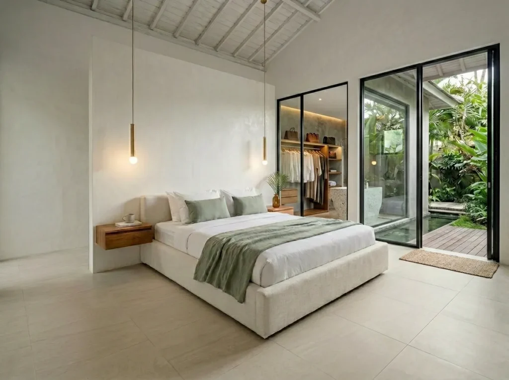 Contemporary Airbnb villa bedroom in Bali with minimalist platform bed, architectural lighting and tropical garden view