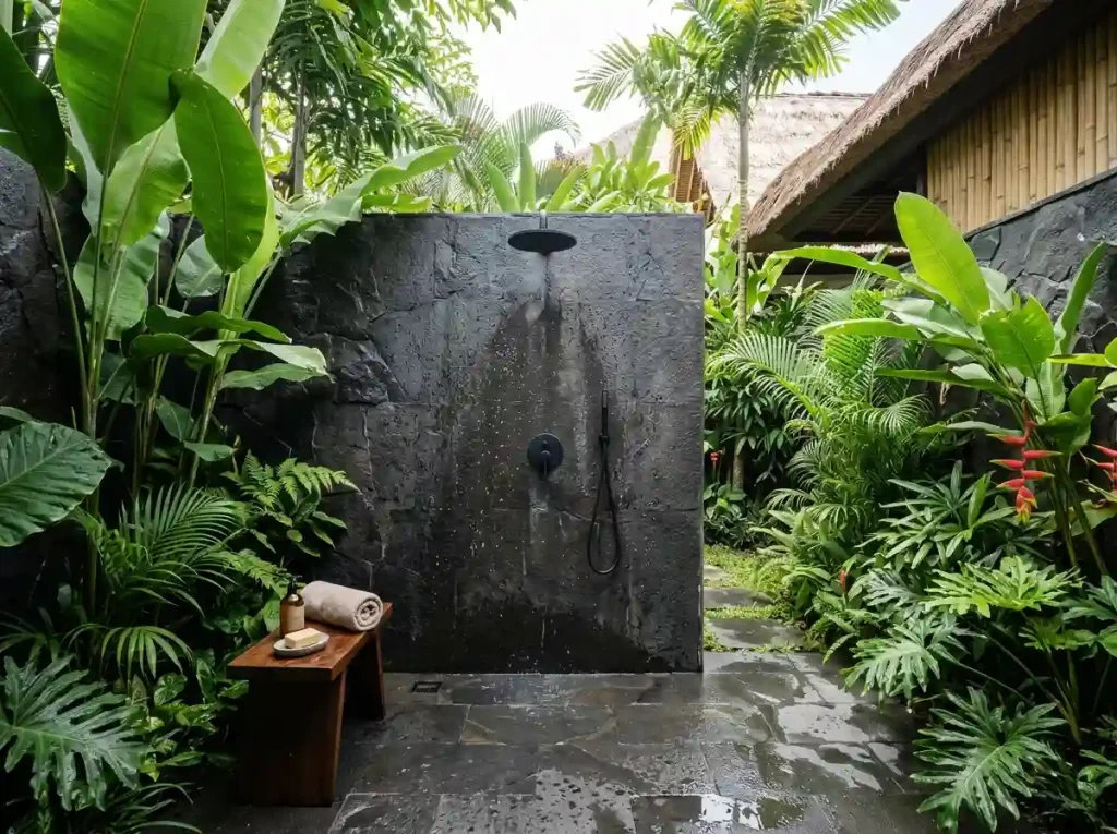 Andesite stone floor and wall in a Bali villa wet area — humidity-resistant material that does not warp or grow mould