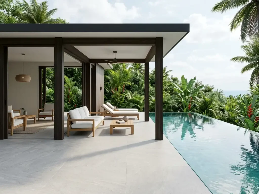Contemporary Bali Airbnb villa pool terrace with seamless modern indoor-outdoor design and flush porcelain deck