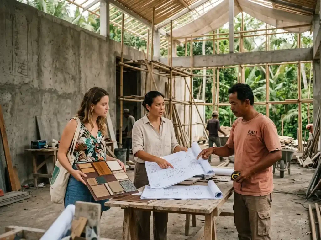 Architect, interior designer, and contractor reviewing plans together on a Bali villa construction site