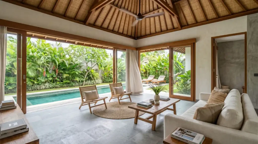 Tropical Bali villa living room with teak, stone, and open indoor-outdoor flow — good interior design example